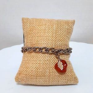 Vintage Silvertone Chain with Coral Red Leaf Stone Charm Bracelet